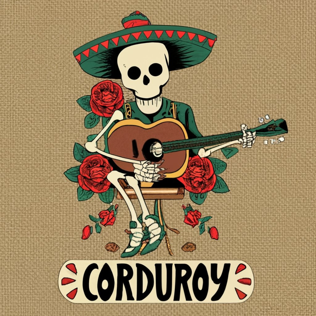 Skelett mit Sombrero und Gitarre, umgeben von Rosen