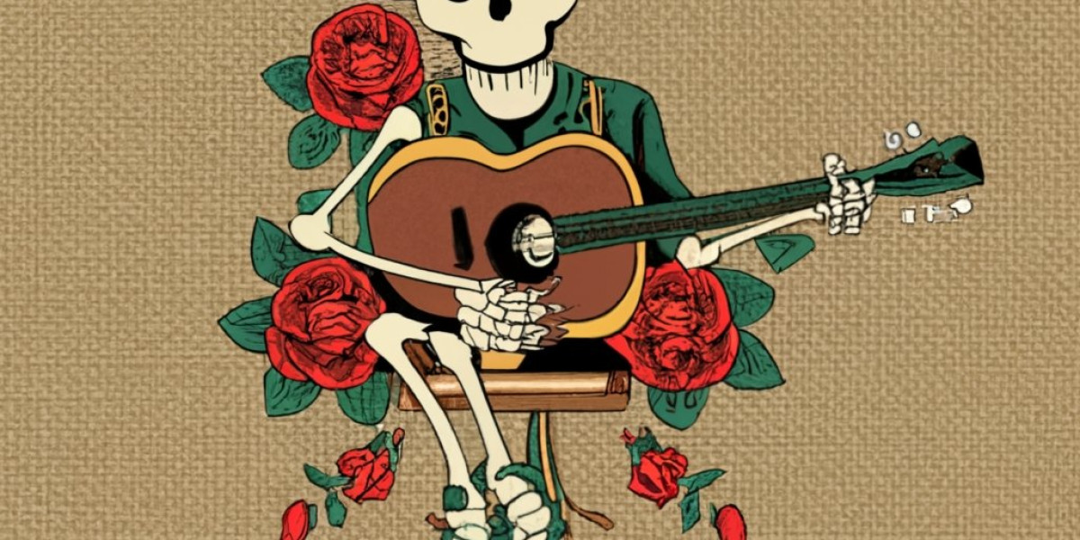 Skelett mit Sombrero und Gitarre, umgeben von Rosen